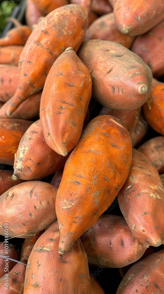 A vibrant pile of freshly harvested sweet potatoes ready for culinary use in a kitchen setting A vibrant pile of freshly harvested sweet potatoes ready for culinary use in a kitchen setting