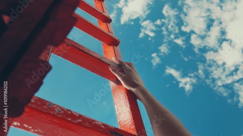 A person climbs a bright red ladder towards a blue sky, symbolizing ambition and aspiration under the sunny, cloud-dotted sky.