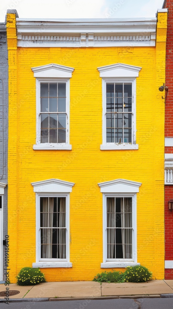 Bright yellow building with three windows and white trim on a sunny spring day Bright yellow building with three windows and white trim on a sunny spring day