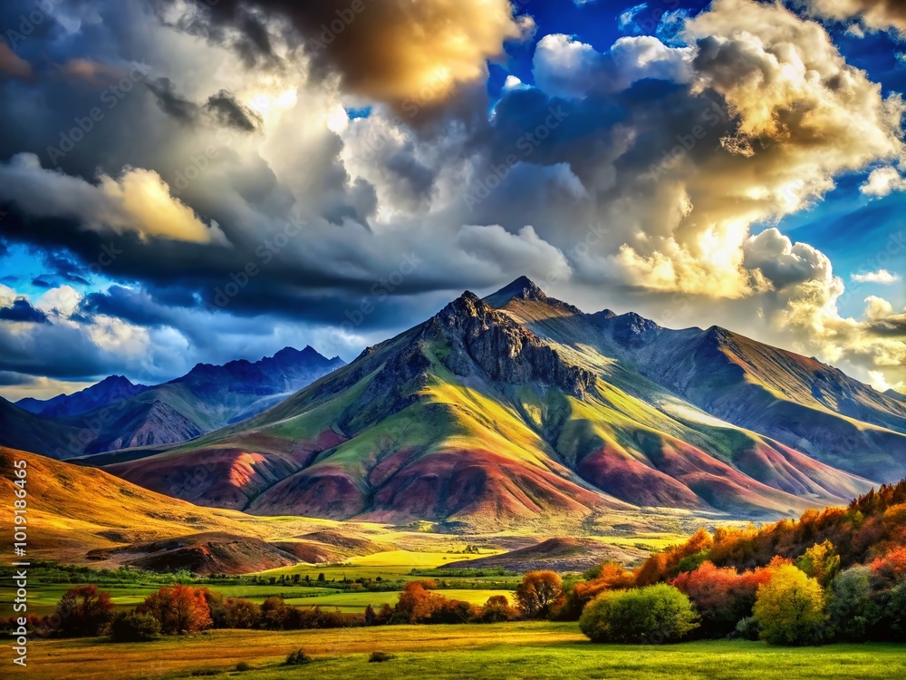 Obraz premium Mysterious Mountain Landscape with Dramatic Clouds and Shadows Evoking a Sense of Suspicion and Wonder