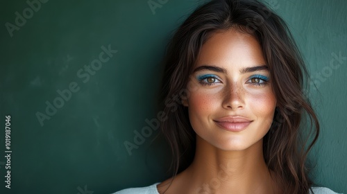 Smiling woman with blue eye makeup and natural beauty