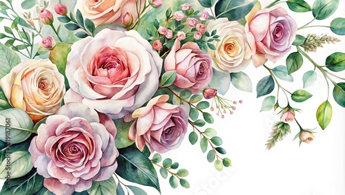 Artistic arrangement of watercolor flowers roses and eucalyptus Aerial