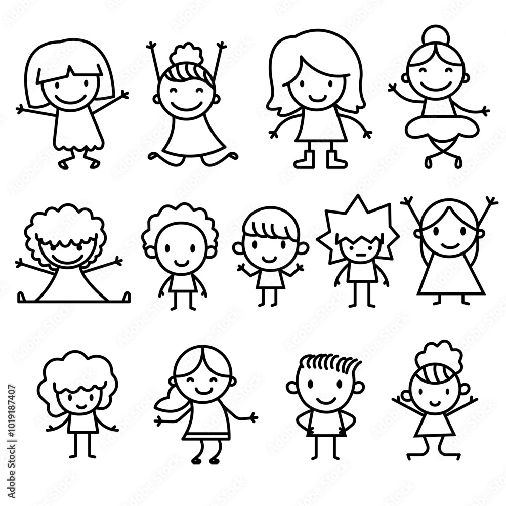 collection of happy kids line doodles. hand drawing art collection of happy kids line doodles. hand drawing art