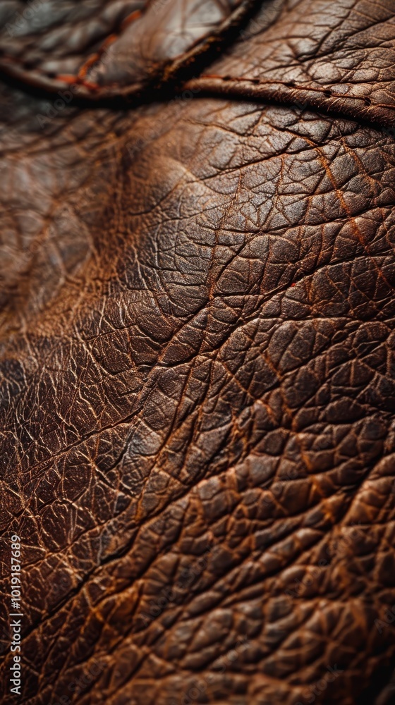 Close-up of rich brown leather texture showcasing its smooth, glossy features and character Close-up of rich brown leather texture showcasing its smooth, glossy features and character
