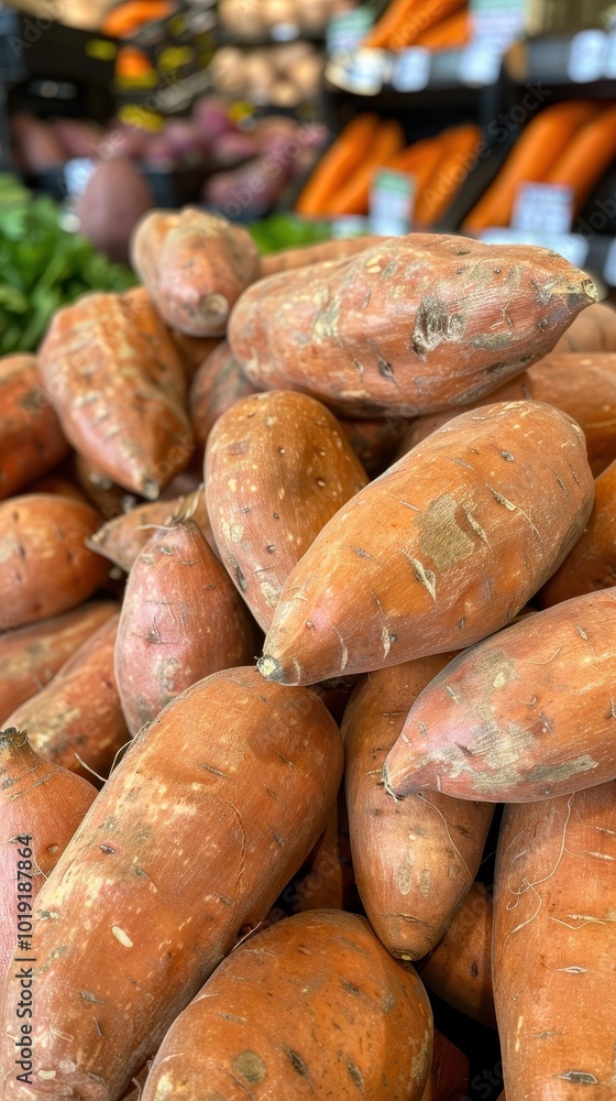 Vibrant sweet potatoes stacked together in a market, ready for cooking and healthy meals Vibrant sweet potatoes stacked together in a market, ready for cooking and healthy meals