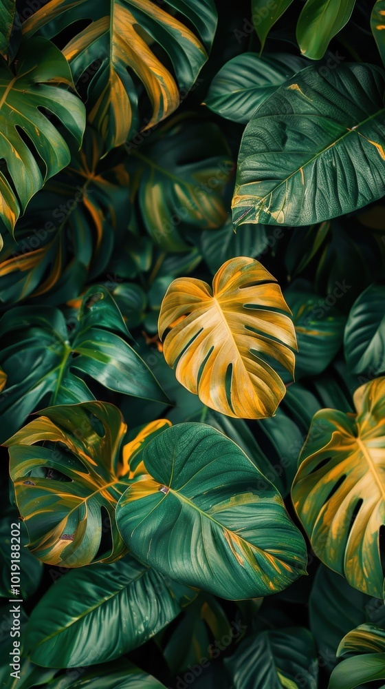 Vibrant green and yellow tropical leaves thriving in a botanical garden's lush environment Vibrant green and yellow tropical leaves thriving in a botanical garden's lush environment