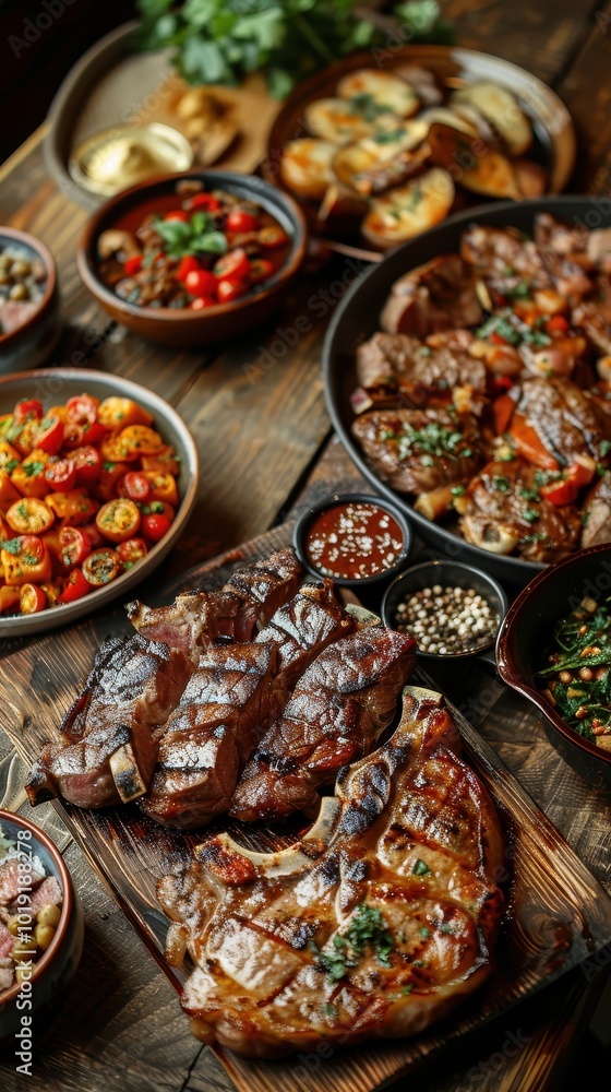Rustic wooden dining table adorned with a variety of delicious foods and fresh meat chops Rustic wooden dining table adorned with a variety of delicious foods and fresh meat chops