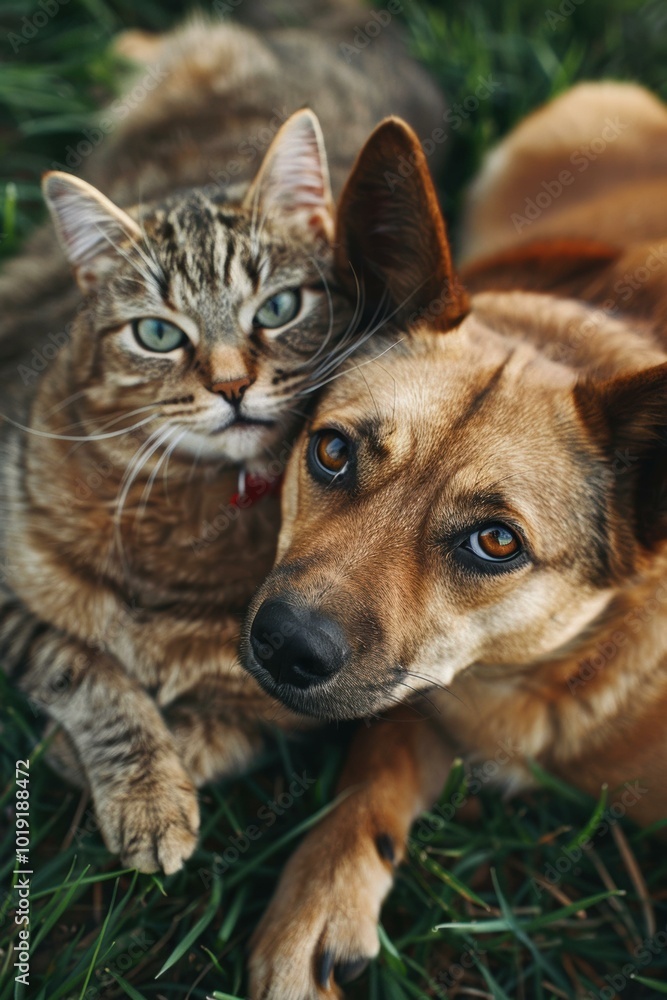 Fototapeta premium A cat and dog cuddle close together in the grass. AI.