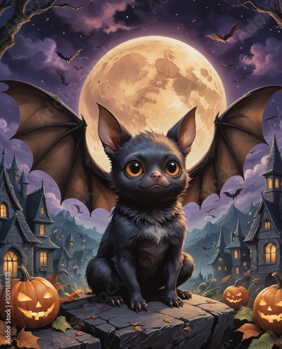 Cute bat on Halloween night in a fantasy town, fun, advertising. photo