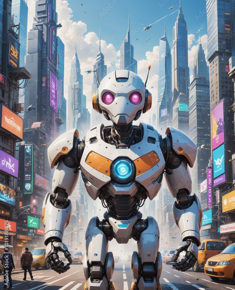 Futuristic robot on a city street, design, fun, advertising. Futuristic robot on a city street, design, fun, advertising.