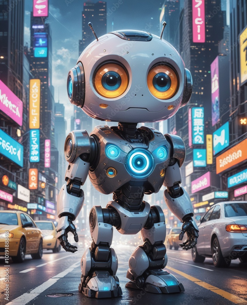 Little robot in a technological city, fun, advertising. Little robot in a technological city, fun, advertising.