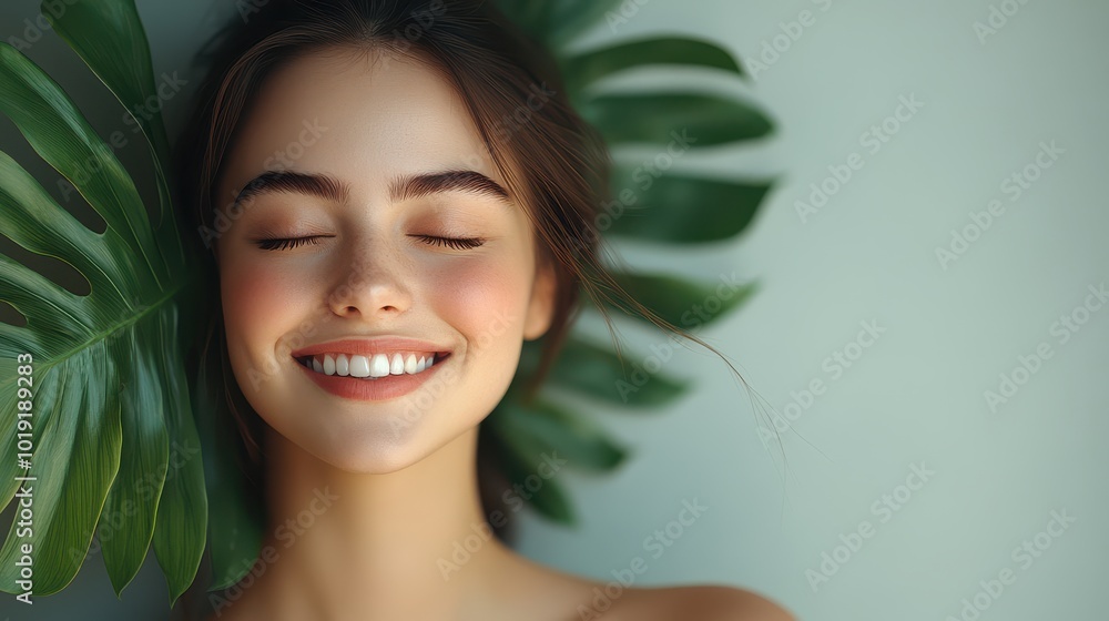 Relaxed woman with closed eyes and healthy skin framed by green monstera leaves Relaxed woman with closed eyes and healthy skin framed by green monstera leaves