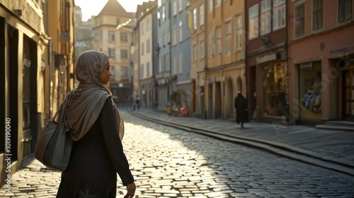 a stylish hijabi woman walking down a cobblestone