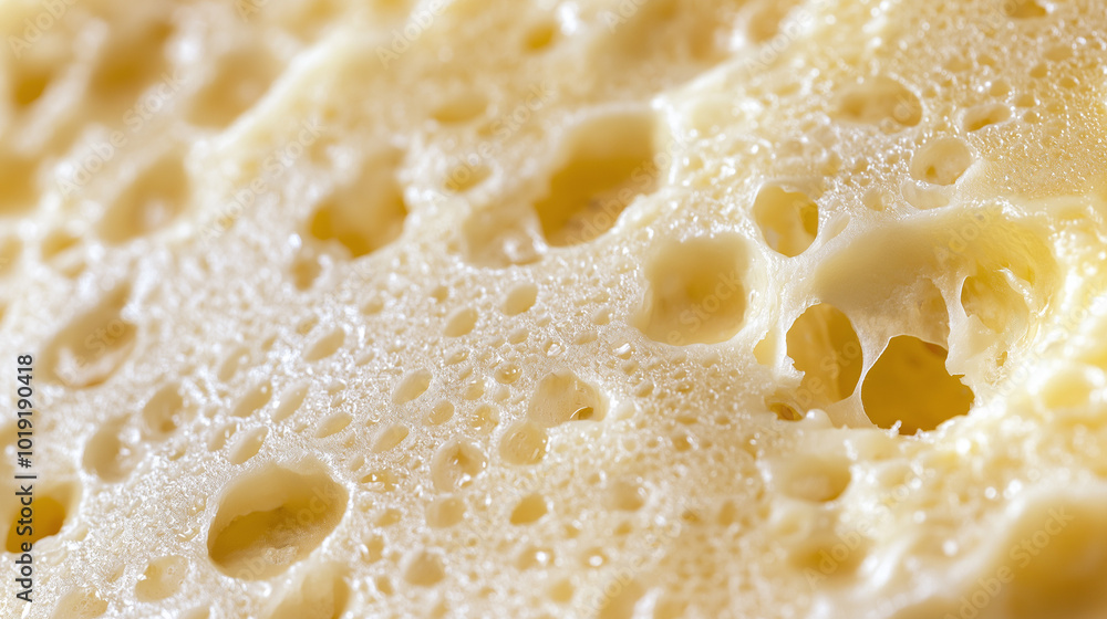 a close-up, top-down view of the surface of a block of cheese, filling the entire frame with a focus on its holes and texture a close-up, top-down view of the surface of a block of cheese, filling the entire frame with a focus on its holes and texture