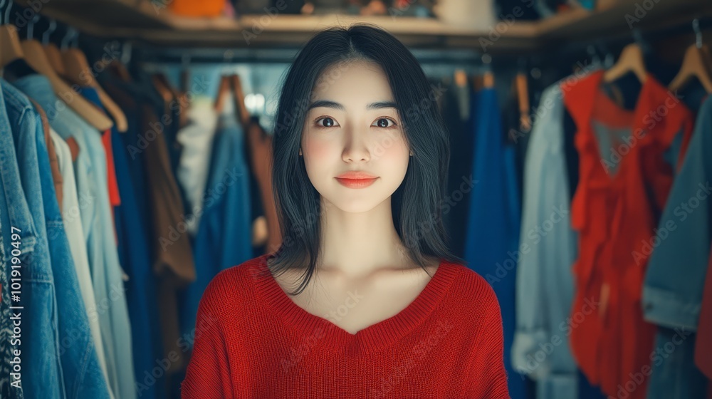 A woman stands in a vibrant wardrobe, smiling softly and wearing a red sweater, surrounded by a variety of colorful clothes on hangers. A woman stands in a vibrant wardrobe, smiling softly and wearing a red sweater, surrounded by a variety of colorful clothes on hangers.
