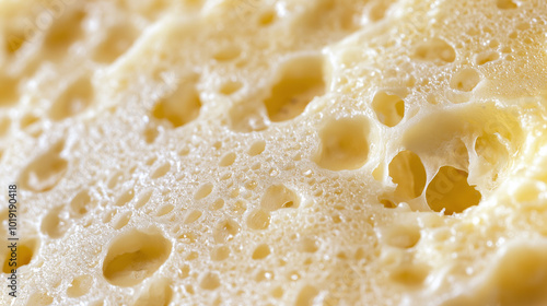 a close-up, top-down view of the surface of a block of cheese, filling the entire frame with a focus on its holes and texture