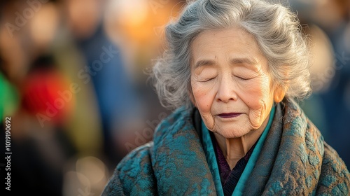 Old Woman Meditating Outdoors with Eyes Closed