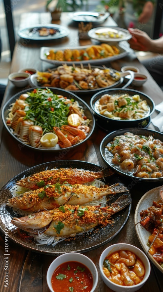 A lavish spread of crispy Amritsari fish and spicy seafood tempura on a dining table A lavish spread of crispy Amritsari fish and spicy seafood tempura on a dining table