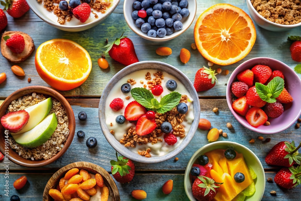 Nutritious and Colorful Healthy Breakfast Spread with Fresh Fruits, Whole Grains, and Yogurt Bowls Nutritious and Colorful Healthy Breakfast Spread with Fresh Fruits, Whole Grains, and Yogurt Bowls