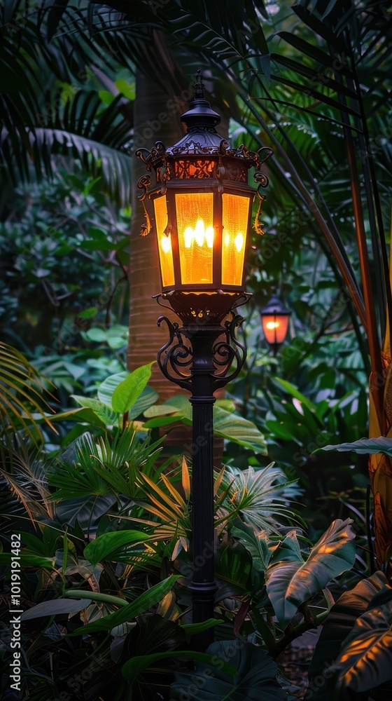 A glowing gas lamp illuminates vibrant green foliage in a lush garden, creating a cozy ambiance A glowing gas lamp illuminates vibrant green foliage in a lush garden, creating a cozy ambiance