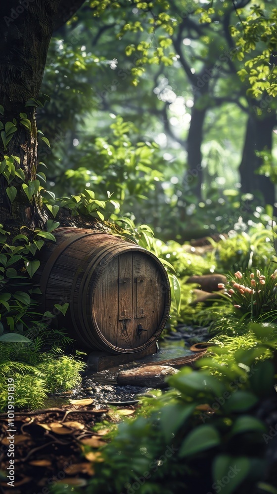 A wooden barrel resting quietly among vibrant greenery in a tranquil forest setting A wooden barrel resting quietly among vibrant greenery in a tranquil forest setting