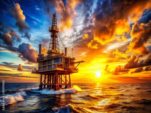 Offshore oil rig standing tall against a vibrant sunset over the ocean waters, showcasing engineering marvels photo