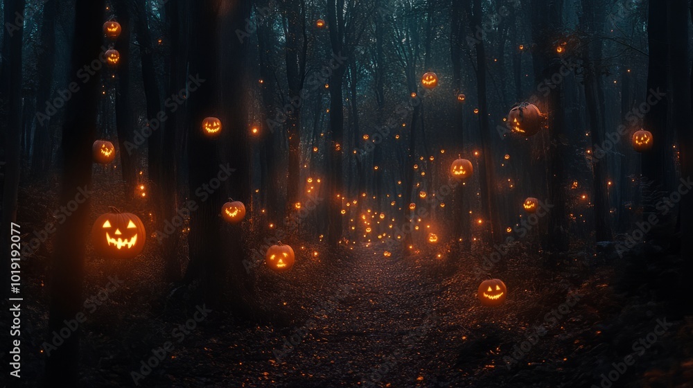 scary path in forest filled with pumpkins. halloween night scene scary path in forest filled with pumpkins. halloween night scene