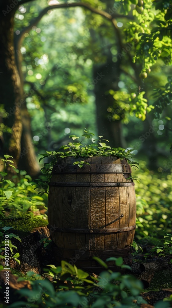 A rustic wooden barrel surrounded by vibrant green foliage in a serene forest setting A rustic wooden barrel surrounded by vibrant green foliage in a serene forest setting