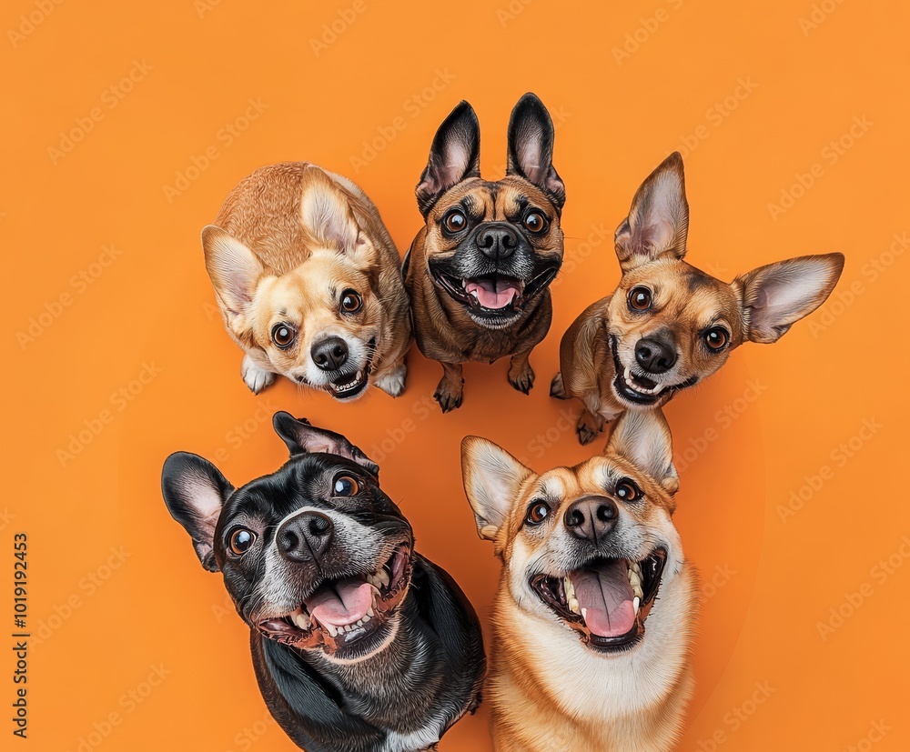 Adorable group of smiling dogs looking up on an orange background, showcasing joy and companionship. Adorable group of smiling dogs looking up on an orange background, showcasing joy and companionship.