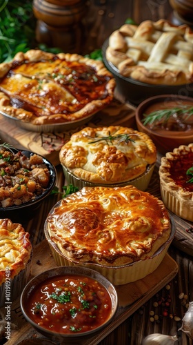 A rustic wooden table adorned with golden brown pies and a bowl of savory sauce, inviting a feast