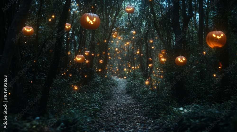 Fototapeta premium scary path in forest filled with pumpkins. halloween night scene