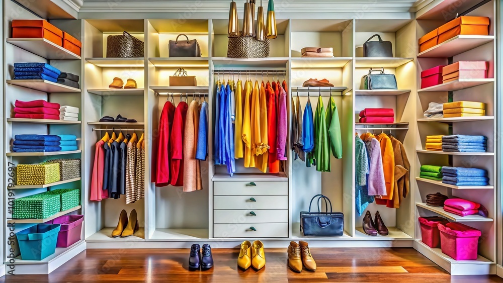 Organized closet after a clean out with neatly arranged clothes and accessories in a modern space Organized closet after a clean out with neatly arranged clothes and accessories in a modern space