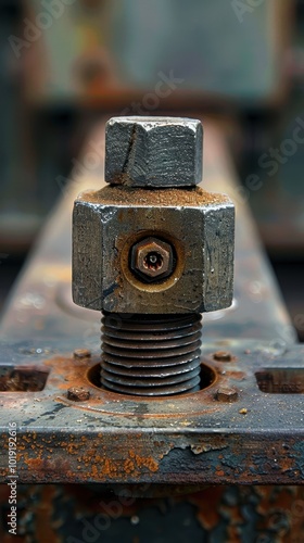 Detailed view of a screw fastened on a metal plate showcasing mechanical stability and connection