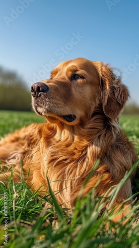 A golden retriever relaxes on lush green grass under a clear blue sky in a peaceful park