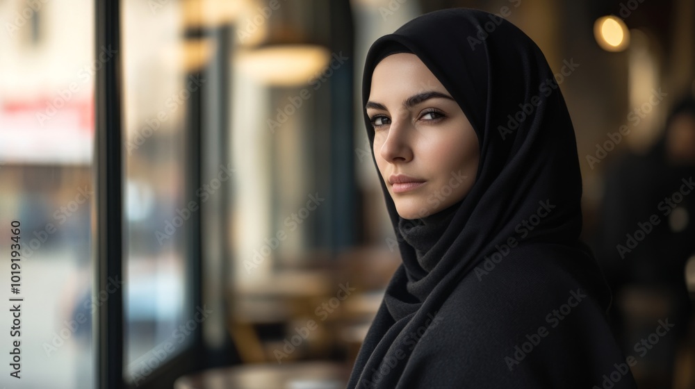 elegant woman in a hijab standing in a vintage cafe elegant woman in a hijab standing in a vintage cafe