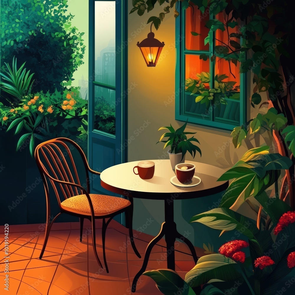 Obraz premium Outdoor cafe table with two coffees and a chair.