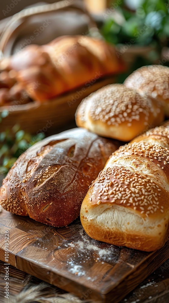 Freshly baked assorted bread loaves on a rustic wooden table for a delightful breakfast experience Freshly baked assorted bread loaves on a rustic wooden table for a delightful breakfast experience