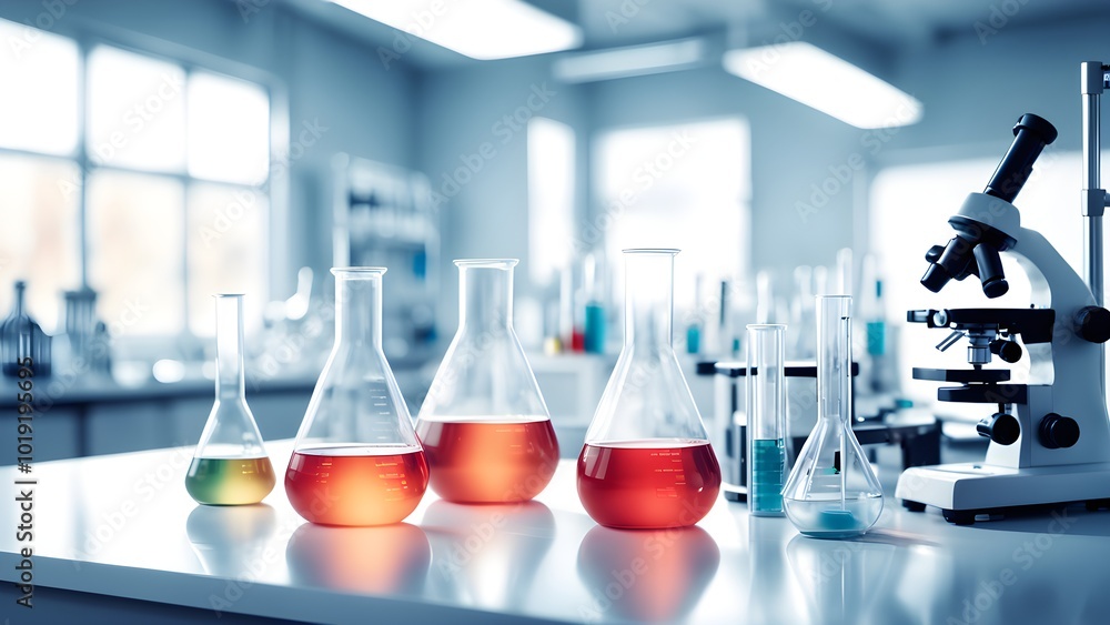 A close-up view of beakers filled with colored liquids on a lab bench in a modern laboratory. A microscope is in the background. A close-up view of beakers filled with colored liquids on a lab bench in a modern laboratory. A microscope is in the background.