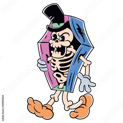 Vector Retro Cartoon Skeleton Walking Coffin Character Illustration Isolated