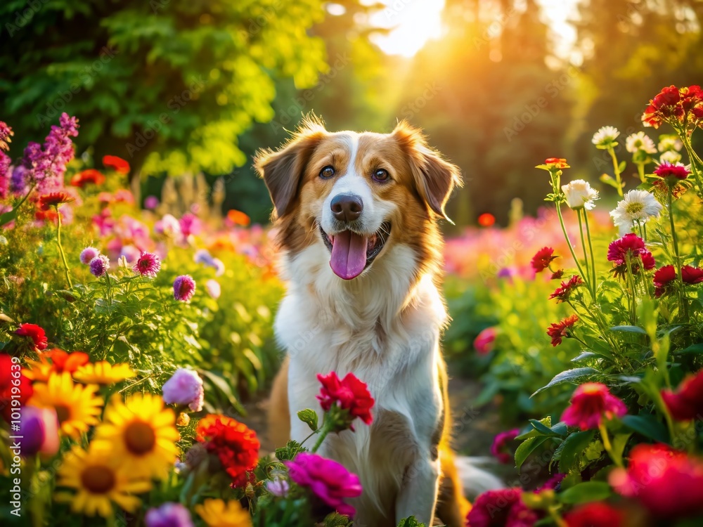 Playful Bulgarian Dog Enjoying a Sunny Day in a Colorful Garden with Vibrant Flowers Surrounding It Playful Bulgarian Dog Enjoying a Sunny Day in a Colorful Garden with Vibrant Flowers Surrounding It
