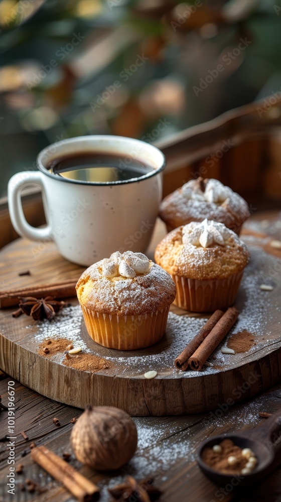 Delicious muffins and steaming coffee served on a rustic wooden table in warm morning light Delicious muffins and steaming coffee served on a rustic wooden table in warm morning light
