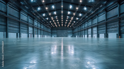 Empty warehouse with concrete floor. Ideal for showcasing products or services related to storage and logistics.