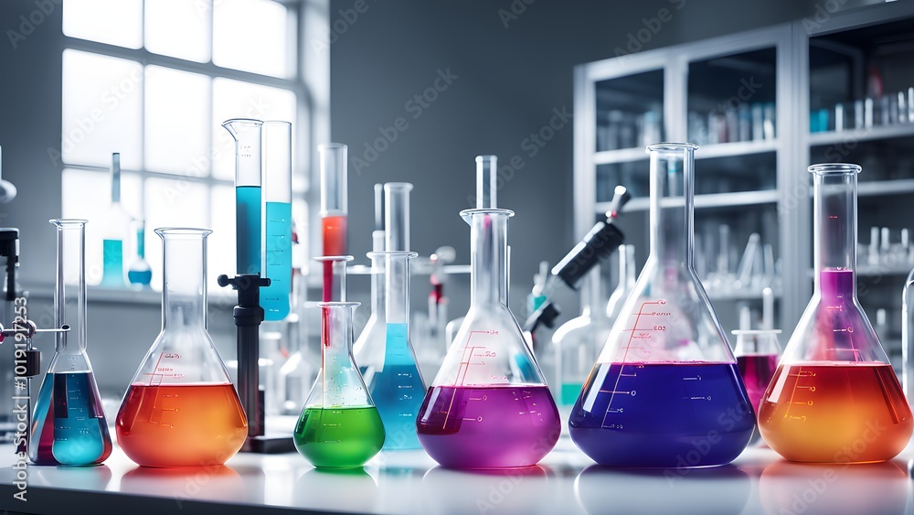 Colorful chemicals in beakers and flasks on a laboratory table, with shelves of glassware in the background. Colorful chemicals in beakers and flasks on a laboratory table, with shelves of glassware in the background.