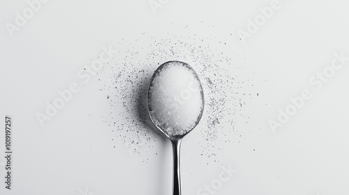 allulose, d-allulose, d-psicose, rare sugar concept image: top down view, a pile of sugar in a silver spoon placed in the center of a white, sterile background photo