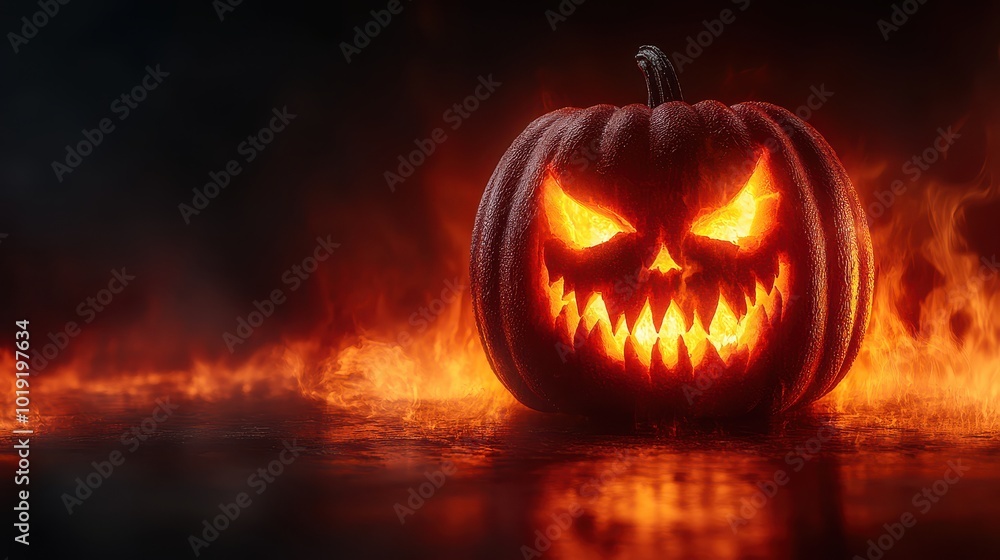 Fototapeta premium A menacing carved jack-o'-lantern pumpkin glowing in flames, set against a dark background