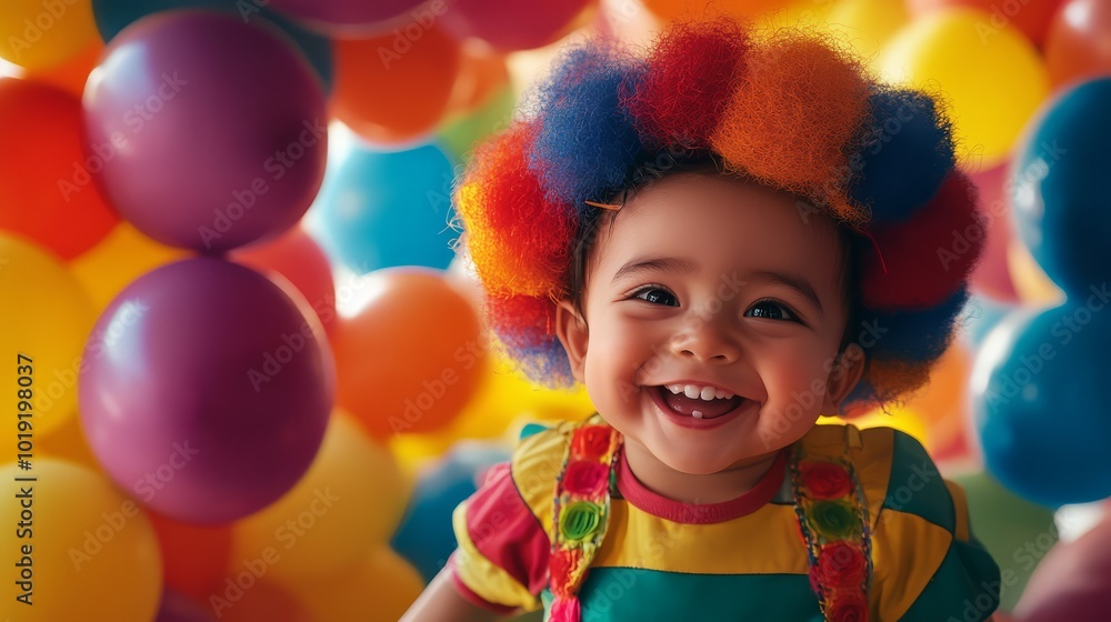 Cheerful child with a colorful afro wig smiles among vibrant balloons at a lively party. Joyful and playful atmosphere captured perfectly. Cheerful child with a colorful afro wig smiles among vibrant balloons at a lively party. Joyful and playful atmosphere captured perfectly.