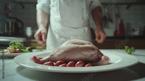 Chef prepares a raw duck breast with cherry tomatoes in a modern kitchen, creating a gourmet culinary experience. photo