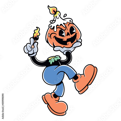 Vector Retro Cartoon Pumpkin Jack O Lantern Candle Character Illustration Isolated