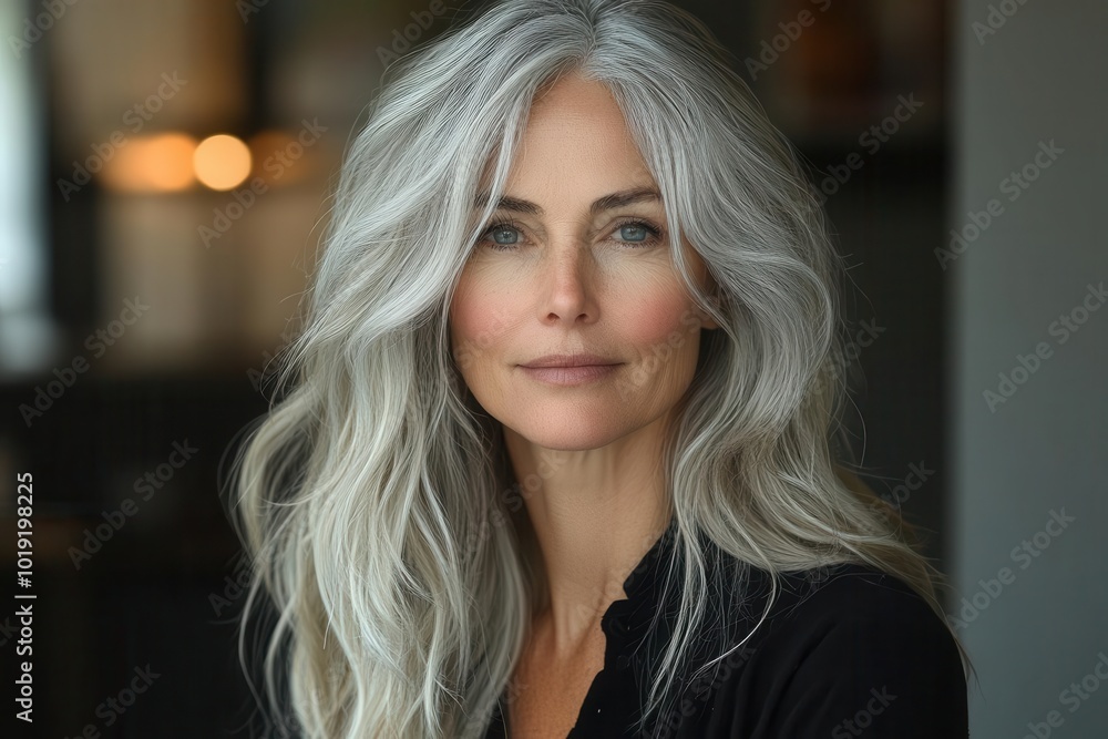 portrait of a mature woman with gracefully wavy grey hair radiating beauty and wisdom showcasing hair care and makeup artistry that emphasizes her natural elegance and selfcare portrait of a mature woman with gracefully wavy grey hair radiating beauty and wisdom showcasing hair care and makeup artistry that emphasizes her natural elegance and selfcare