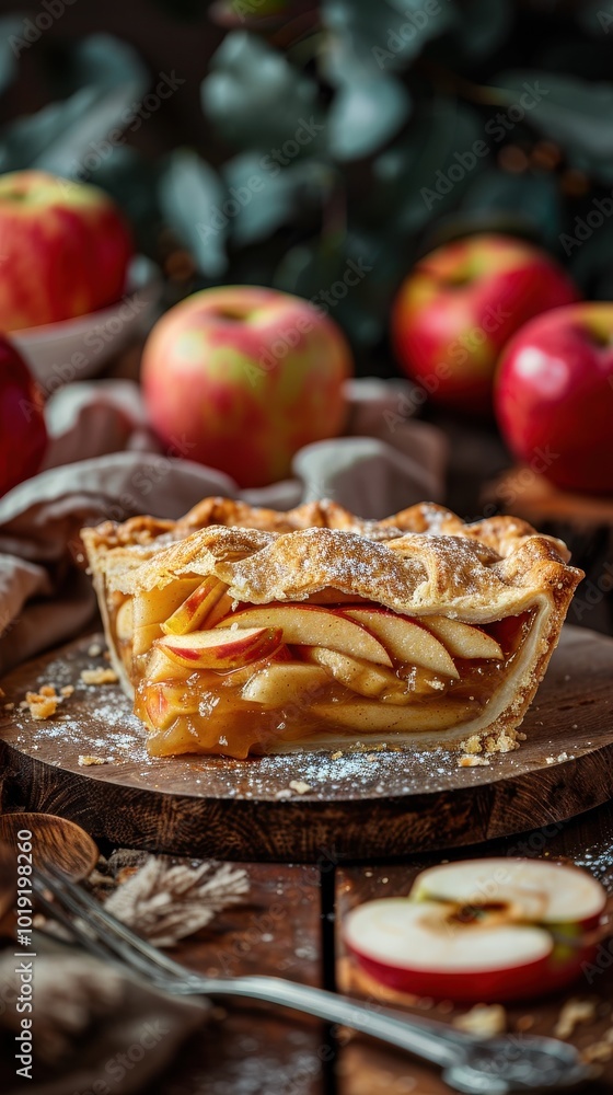 Homemade apple pie with fresh apples served on a rustic wooden table during the autumn season Homemade apple pie with fresh apples served on a rustic wooden table during the autumn season